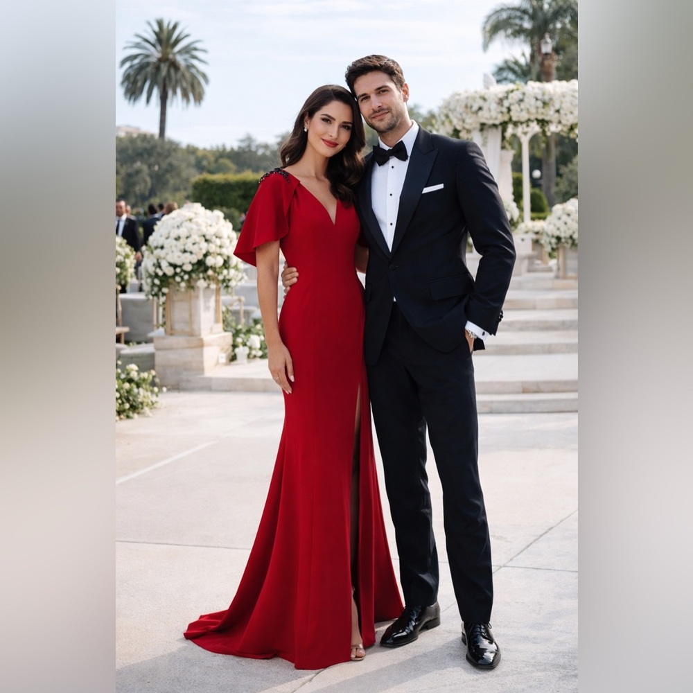 MARCHESA NOTTE Cape-effect embellished stretch-crepe gown NWT